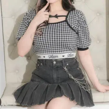 pium 로고 라인 리본 테이프 니트 깅엄 체크