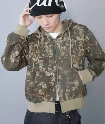 크롭 더블 지퍼 후드티 (리얼트리 패턴)