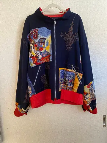 아트 프린트 집업 자켓 네이비/레드