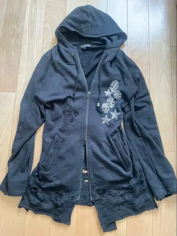 BurningSho 더블 ZIP 데미지 가공 후드티