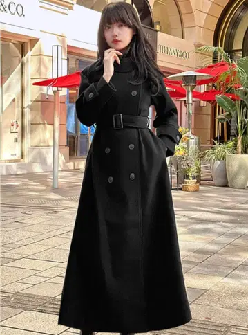 블랙 더블 브레스트 롱 코트
