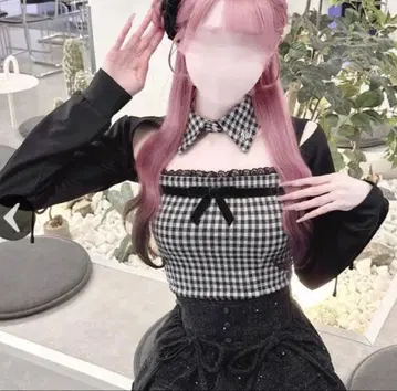 리본 슬릿 깅엄 앙상블 상의 HONEYMEW