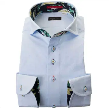 라이트 블루 드레스 셔츠 면 100% 꽃무늬 옷깃