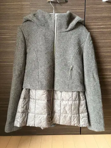 후드 부착 트위드 다운 절개 그레이 숏 다운 자켓