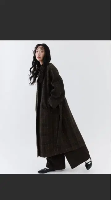 다크 브라운 그레이 체크 롱 코트