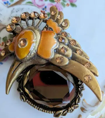 산뜻한 노란색 큰 부리의 새 브로치 브라운 카보숑 USA 빈티지