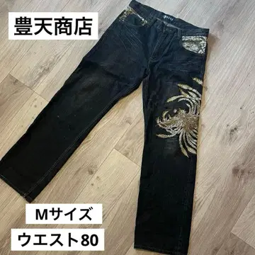 호텐 상점 자수 데님 봉황 일본풍 패턴 가몬 블랙 M 사이즈