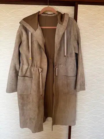 베이지 후드 부착 롱 코트 L