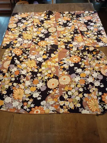 순수 실크 문금사 다이쇼 로망 블랙 베이스 꽃 무늬 기모노