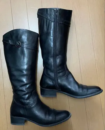 블랙 가죽 롱 부츠 지퍼 포함
