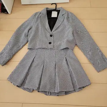 화이트 블랙 체크 셋업 스커트