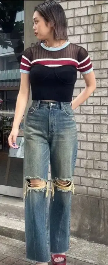 [ 미사용 새상품 ] EVRIS 데미지 와이드 데님 팬츠 S 사이즈