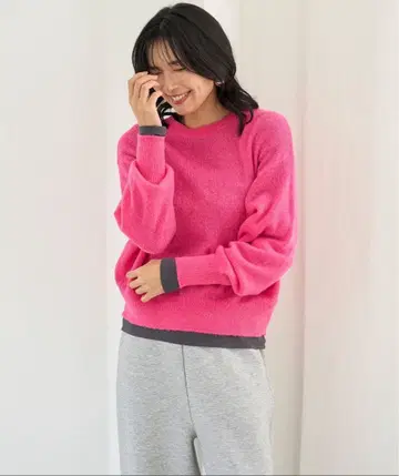 안피로 시어 알파카 볼륨 슬리브 니트 긴팔 상의 핑크