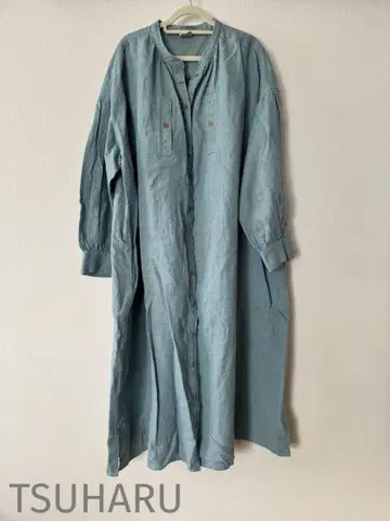 새상품급 TSUHARU 린넨 셔츠 원피스 긴팔 라이트 블루