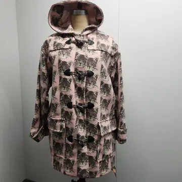 고양이 프린트 후드 부착 롱 코트