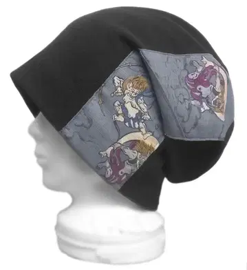 핸드메이드 일본풍 패턴 [풍신뇌신] 루즈 와치캡 코튼 니트 / 블랙