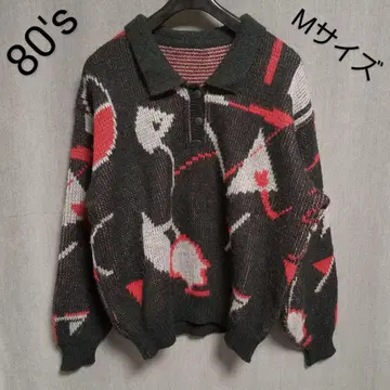 빈티지 스웨터 여성용 올 패턴 옷깃 빈티지 니트 기하학 패턴
