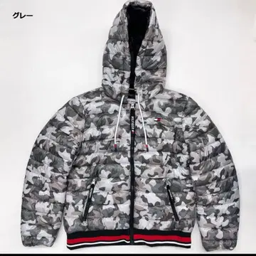 카모 패턴 후드 부착 다운 자켓 그레이