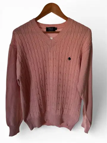 미사용 POLO 케이블 니트 V넥 핑크 L 택 포함