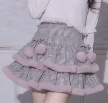 pium 퍼 포함 티어드 미니 스커트 그레이 체크 피움