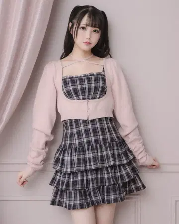 pium 비쥬 가디건 x 체크 원피스 세트