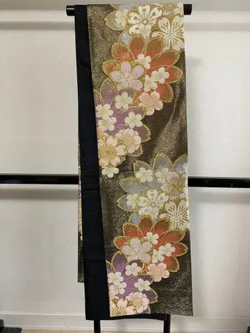 후리소데용 후쿠로 오비 블랙 금 베이스 성인식 결혼식 고전