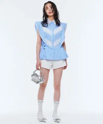 Narcissus 나르시스 블라우스 셔츠 프릴 레이스 페플럼 슬리브리스