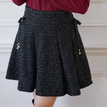 이너 팬츠 포함 사이드 레이스업 스팽글 트위드 턱 플레어 스커트