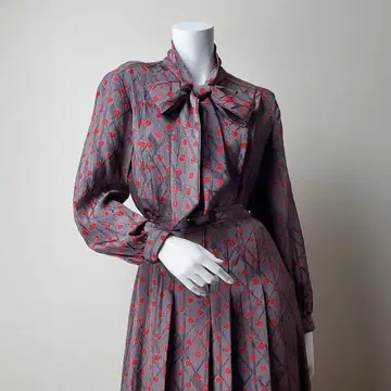 원피스 보타이 긴팔 벨트 포함 올 패턴 도트 아가일 그레이 빨간색 레트로