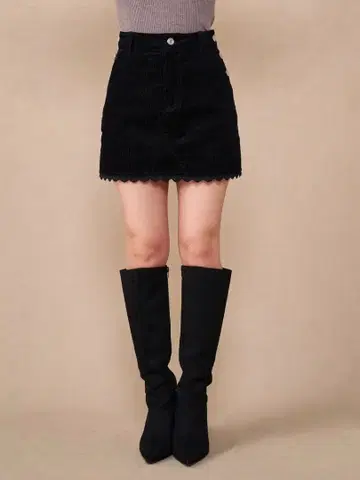 코듀로이 레이스 미니 스커트 블랙