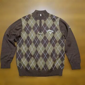 캘러웨이 로고 자수 하프 지퍼 긴팔 니트 스웨터 아가일 무늬