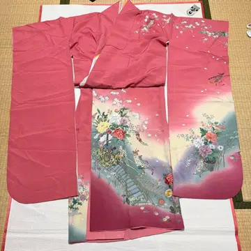 순수 실크 후리소데 기모노 꽃 어전차 패턴 다테에리 2개 포함