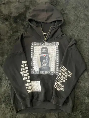 프린트 후드티 블랙 L 하프 지퍼 스트릿