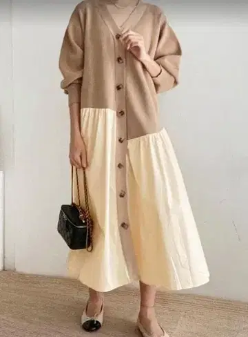 미사용 N.s 도킹 니트 원피스 베이지 F 롱 원피스