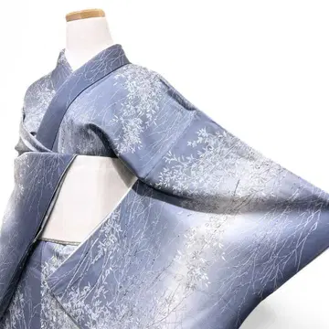 코몬 블러쉬 리프 무늬 나무 탁한 블루 기모노 123b p ms