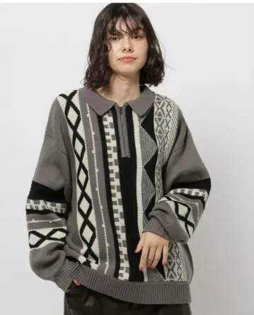 빈티지 패턴 옷깃 ZIP 니트 풀오버