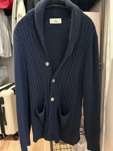 리브 편직 네이비 가디건