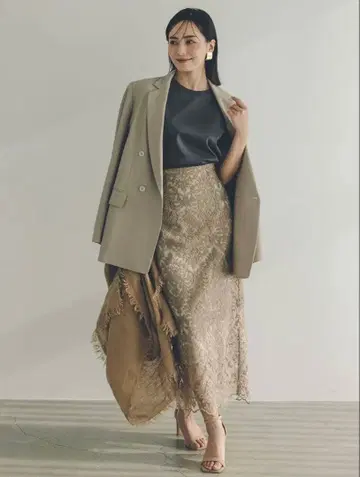 anuans 자수 레이스 스커트 베이지 XS