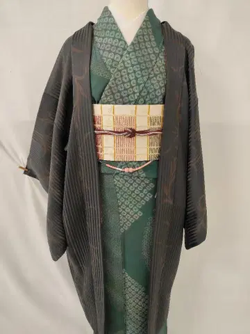 새상품급 순수 실크 이중 기모노 톨 사이즈 긴 겉옷