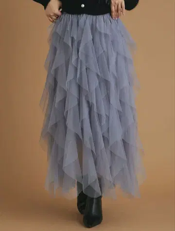 미사용 새상품 프릴 튤 롱 스커트 그레이