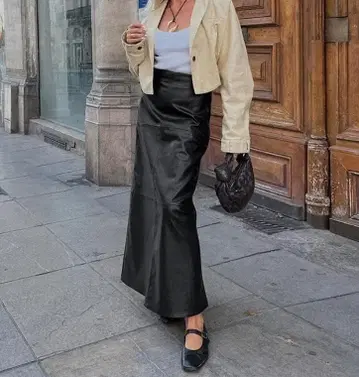 가죽 스커트 롱 기장 여성용 하이웨스트 롱 스커트 가죽 스커트