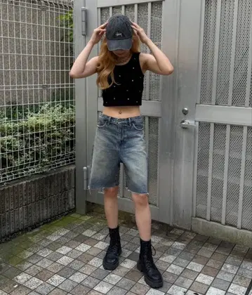 프린지 데님 하프 팬츠