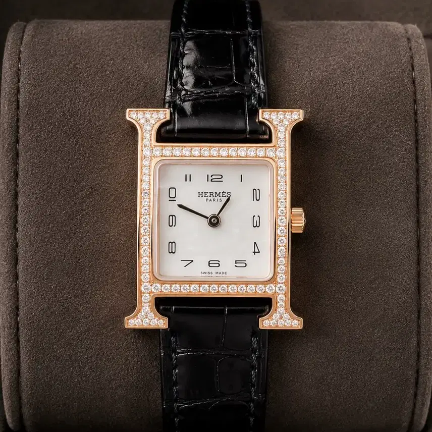 에르메스 H아워 로즈골드 다이아 블랙 엘리게이터 시계 풀세트 사진 1