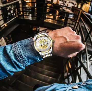 남성용 손목시계 기계식 스켈레톤 골드 스테인리스 스틸