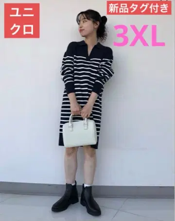 택 포함 새상품 유니클로 스무스 코튼 보더 니트 원피스 네이비 3XL