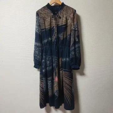 새 문양 (봉황) 빈티지 긴팔 원피스 구제 의류 스트라이프 안감 부착