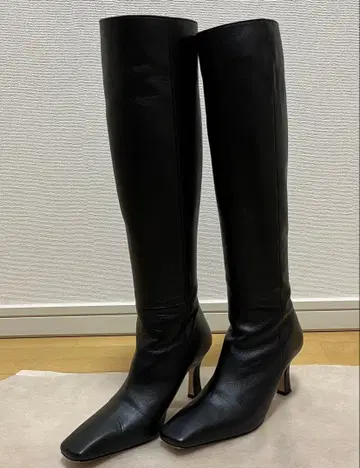 긴자 카네마츠 롱 부츠 22.5cm 천연 가죽 블랙 가죽 힐 7.5cm