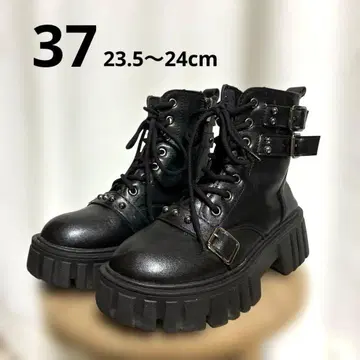 23.5cm 통굽 블랙 버클 부츠 벨트 투박한 블랙 양산형 검정