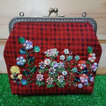 가마구치 파우치 핸드메이드 귀여운 꽃 비즈 자수 빅 사이즈