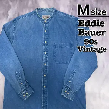 90s Eddie Bauer 데님 셔츠 M 블루 노카라 긴팔 구제 의류